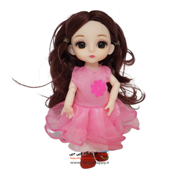 عروسک دختر چشم تیله ای موی قهوه ای لباس صورتی
