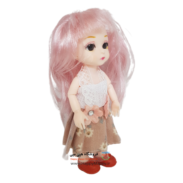 عروسک دختر چشم تیله ای موی صورتی لباس سفید